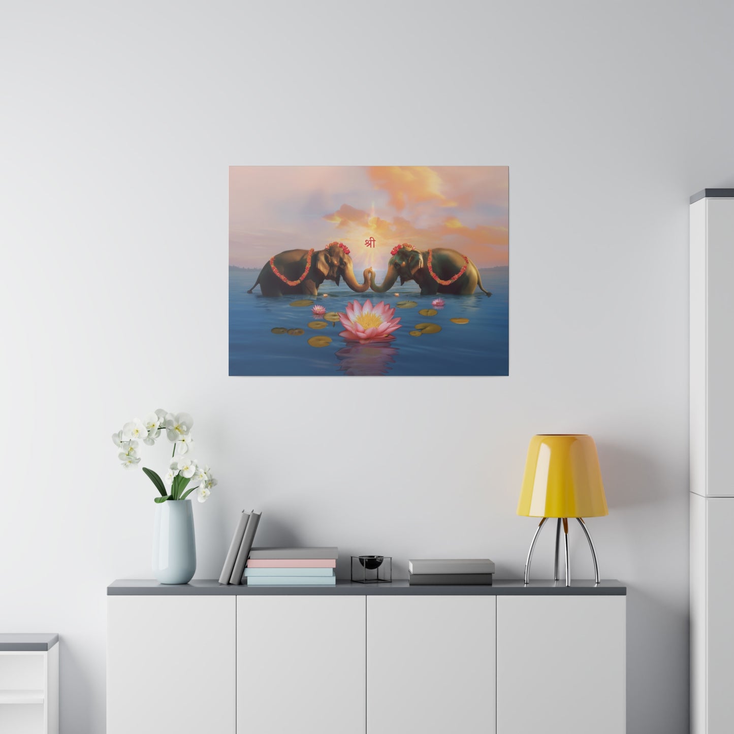 Shri Lakshmi with Lotus and Elephants Matte Canvas, Stretched, 0.75"