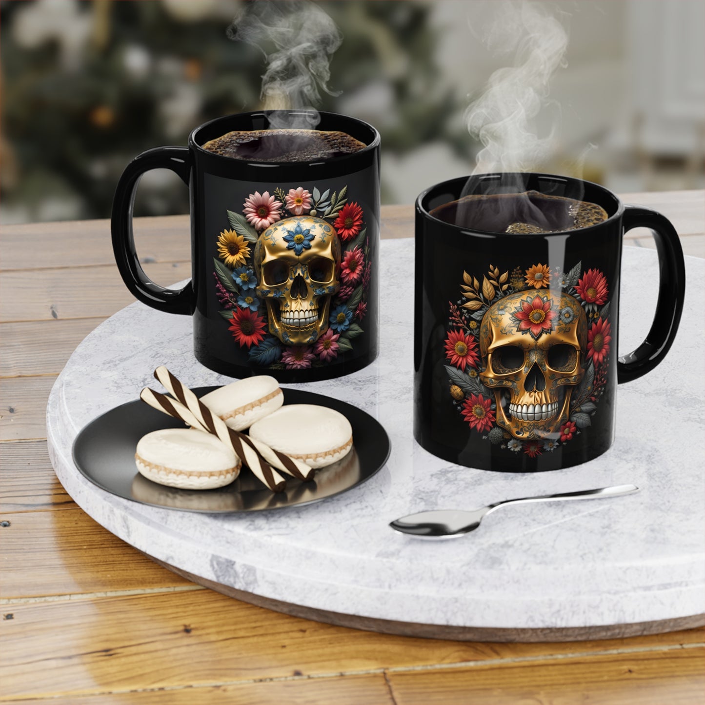 Flower Skulls Black Coffee Mug, 11oz