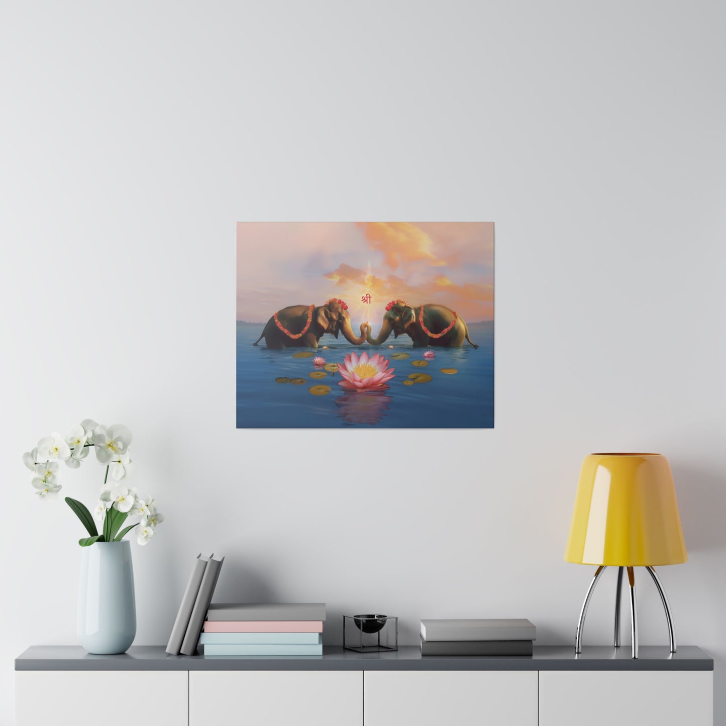 Shri Lakshmi with Lotus and Elephants Matte Canvas, Stretched, 0.75"