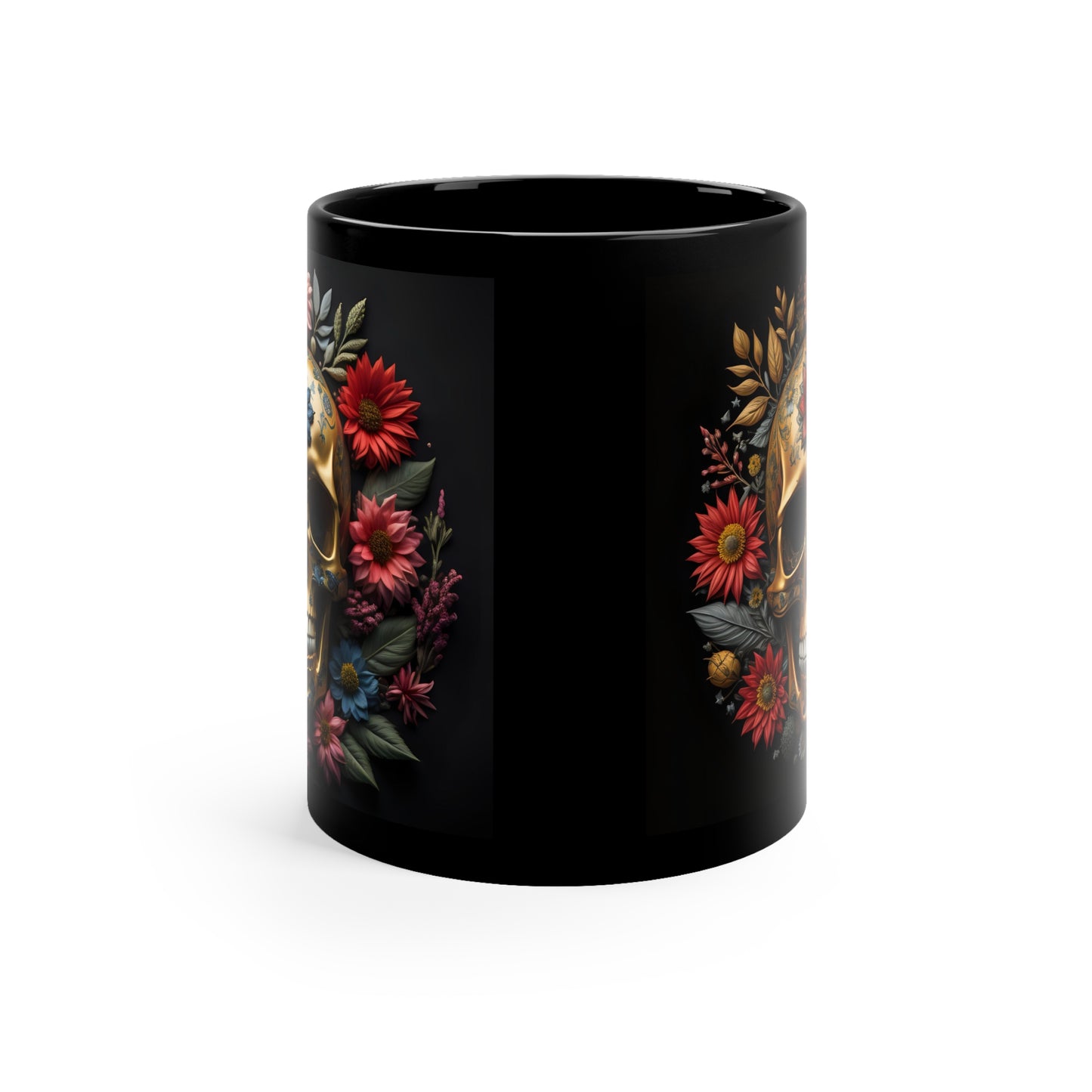 Flower Skulls Black Coffee Mug, 11oz