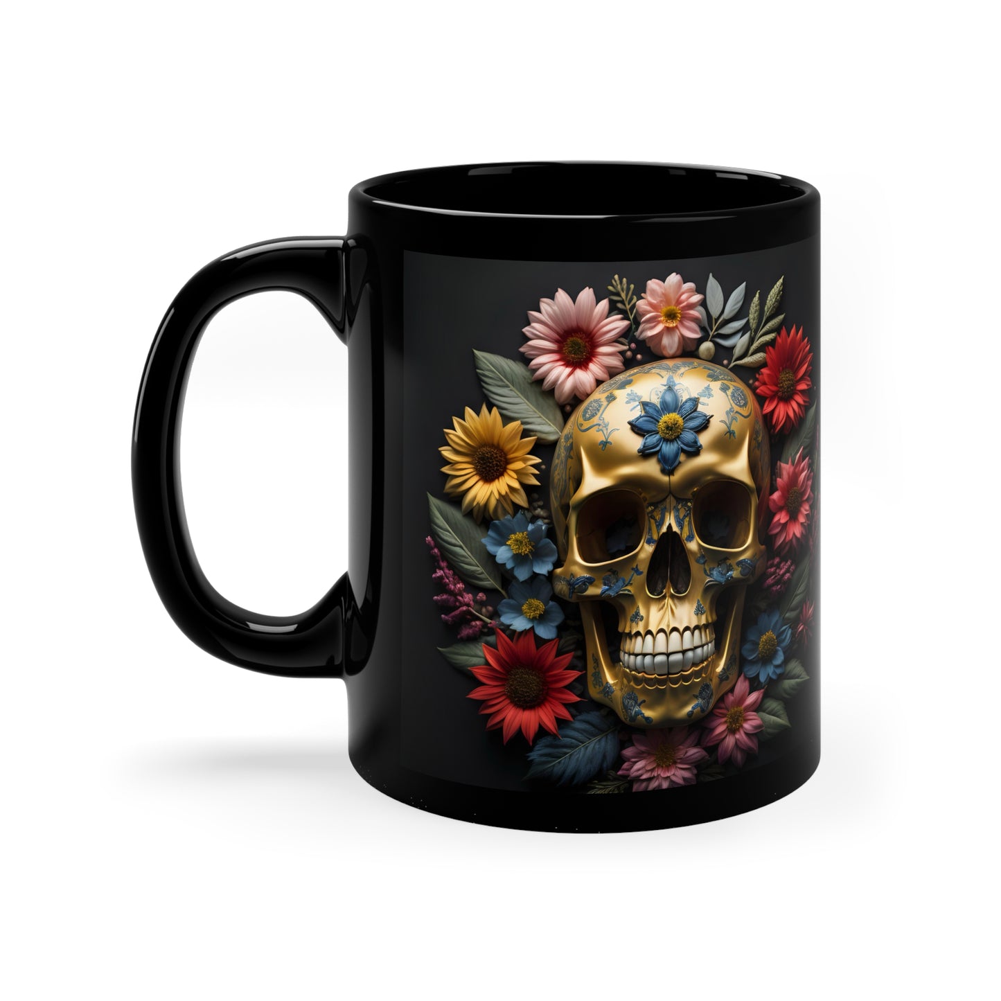 Flower Skulls Black Coffee Mug, 11oz