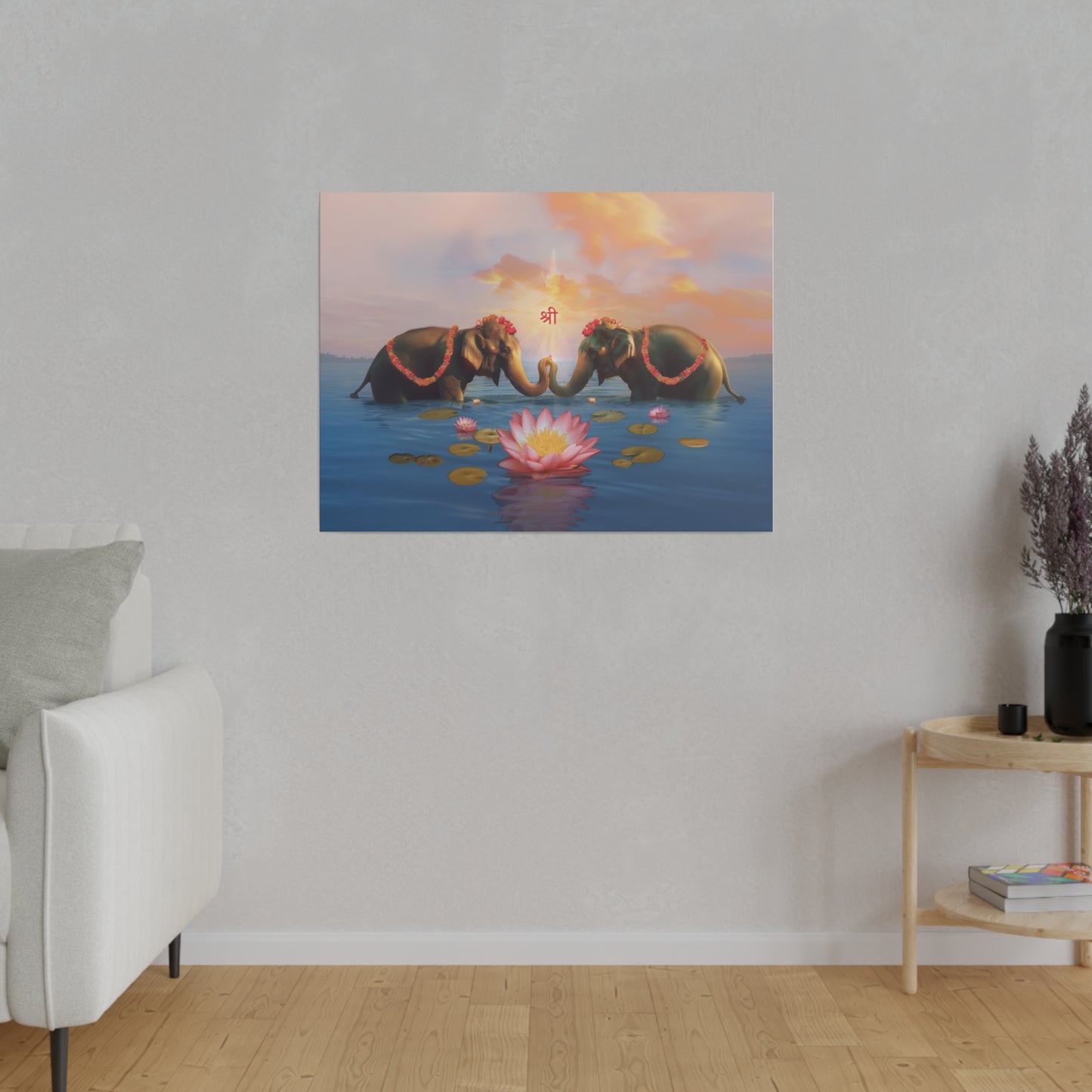 Shri Lakshmi with Lotus and Elephants Matte Canvas, Stretched, 0.75"