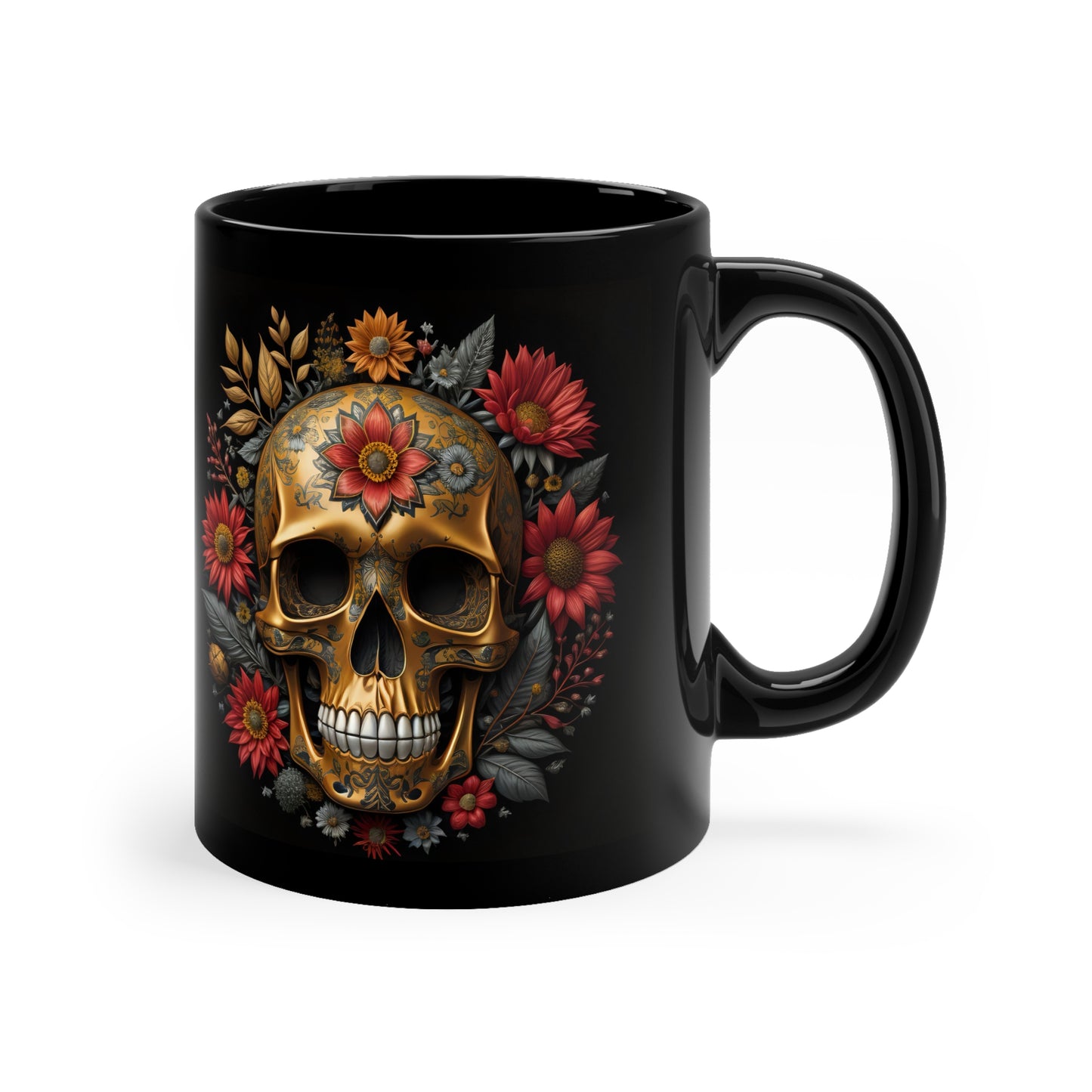 Flower Skulls Black Coffee Mug, 11oz