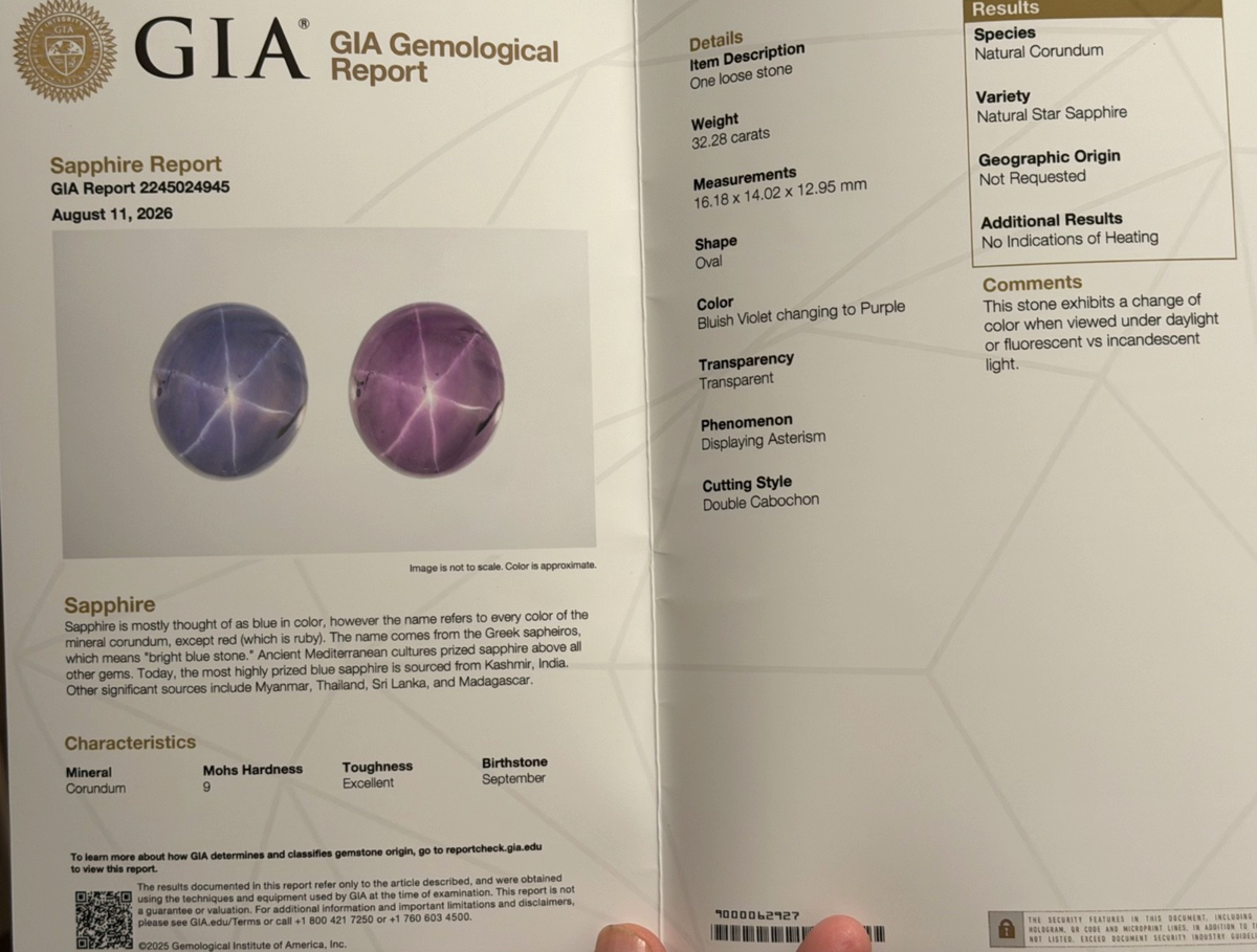 32.28 Carat Color Change Natural Purple Star Sapphire Platinum Ring GIA