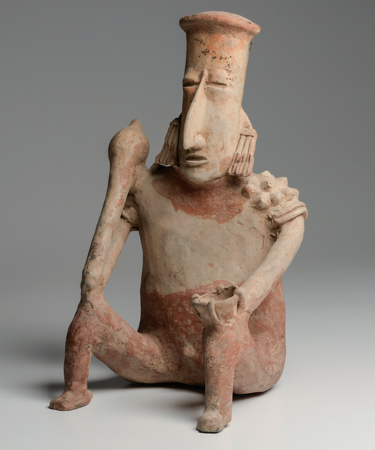 Exhibited Jalisco LARGE Seated Male, Ancient Art Mexico Ca. 100 BC - 250 AD